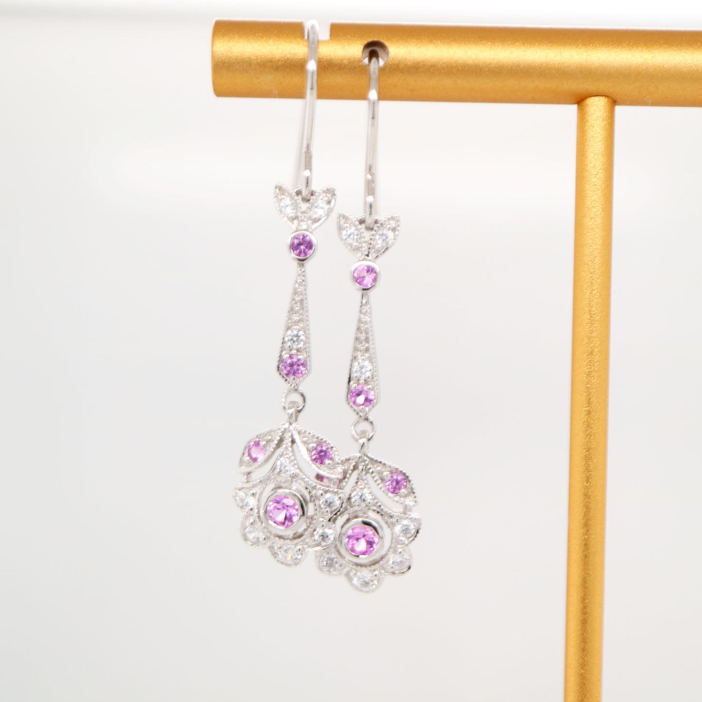 Floral drop earrings with laboratory grown pink sapphire and cz in sterling silver
