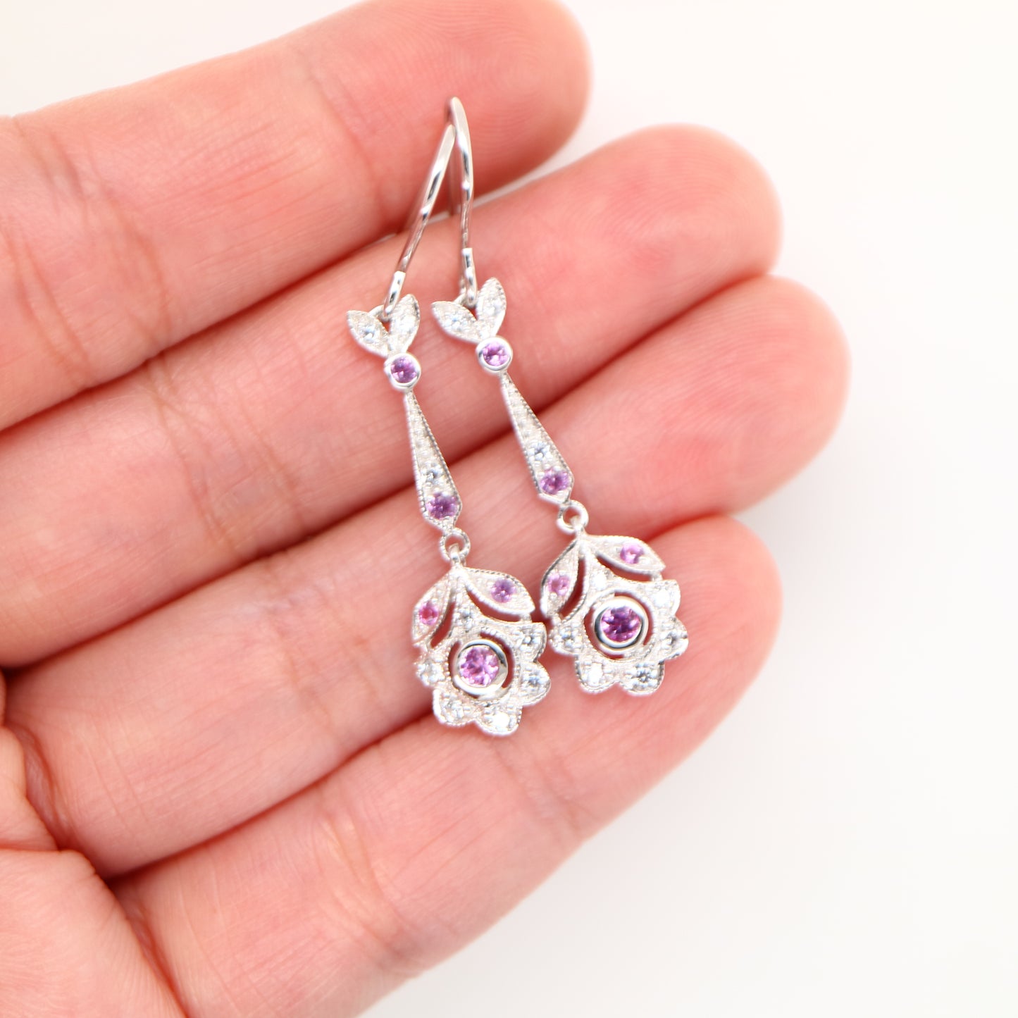 Floral drop earrings with laboratory grown pink sapphire and cz in sterling silver