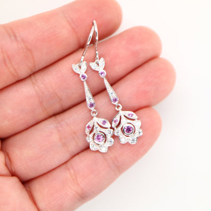 Floral drop earrings with laboratory grown pink sapphire and cz in sterling silver