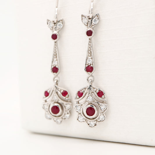 Floral drop earrings with laboratory grown ruby and cz in sterling silver