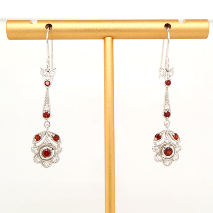 Floral drop earrings with laboratory grown ruby and cz in sterling silver