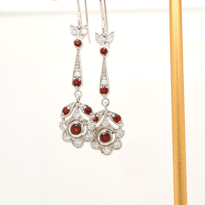 Floral drop earrings with laboratory grown ruby and cz in sterling silver