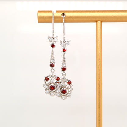 Floral drop earrings with laboratory grown ruby and cz in sterling silver