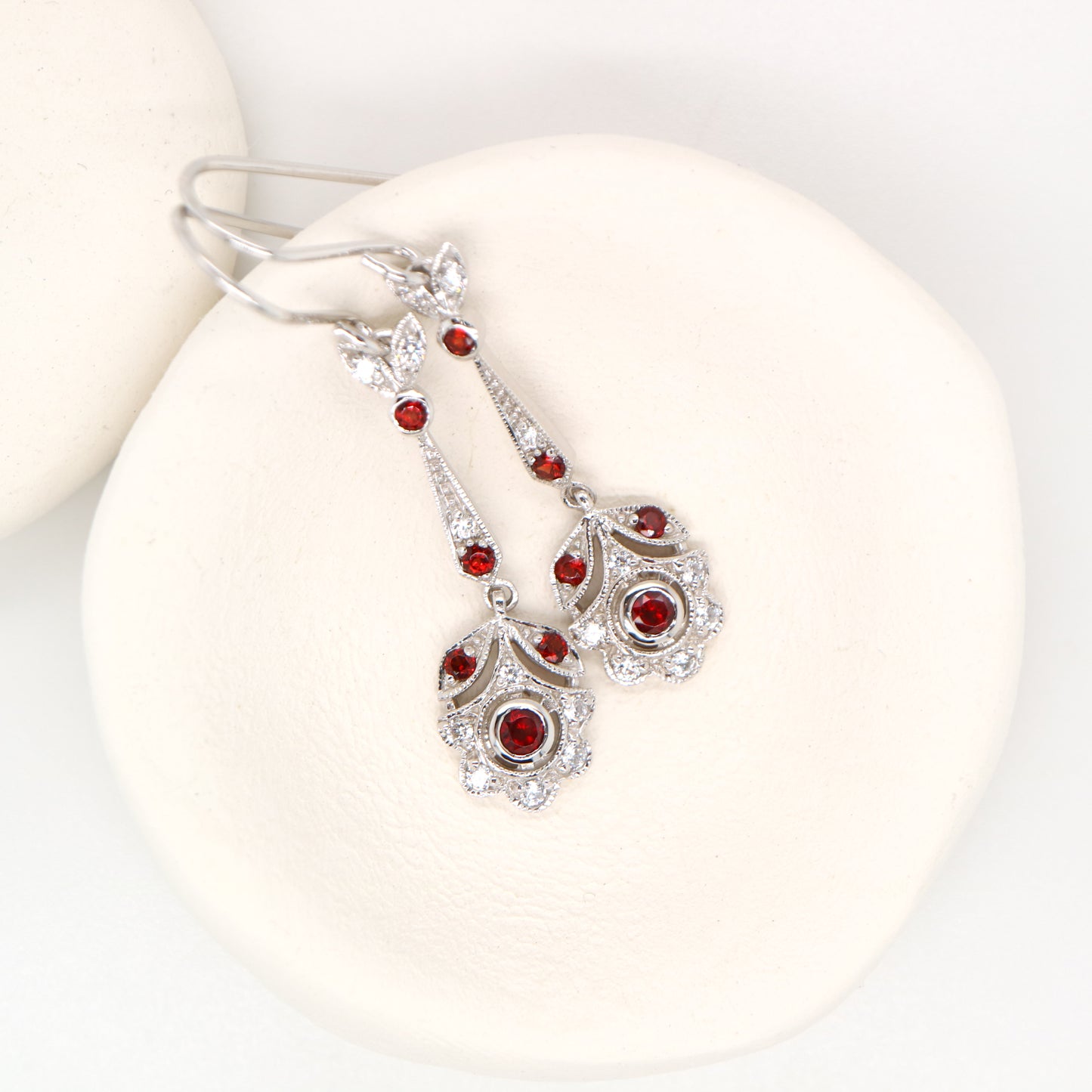 Floral drop earrings with laboratory grown ruby and cz in sterling silver