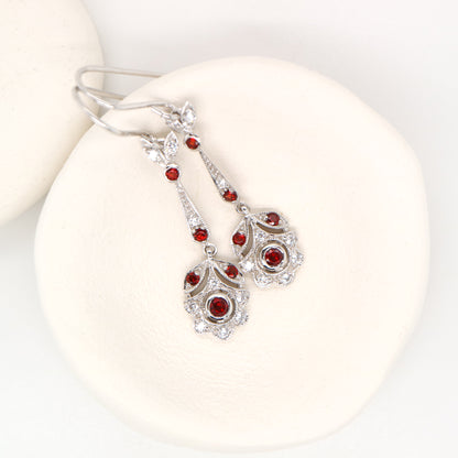 Floral drop earrings with laboratory grown ruby and cz in sterling silver