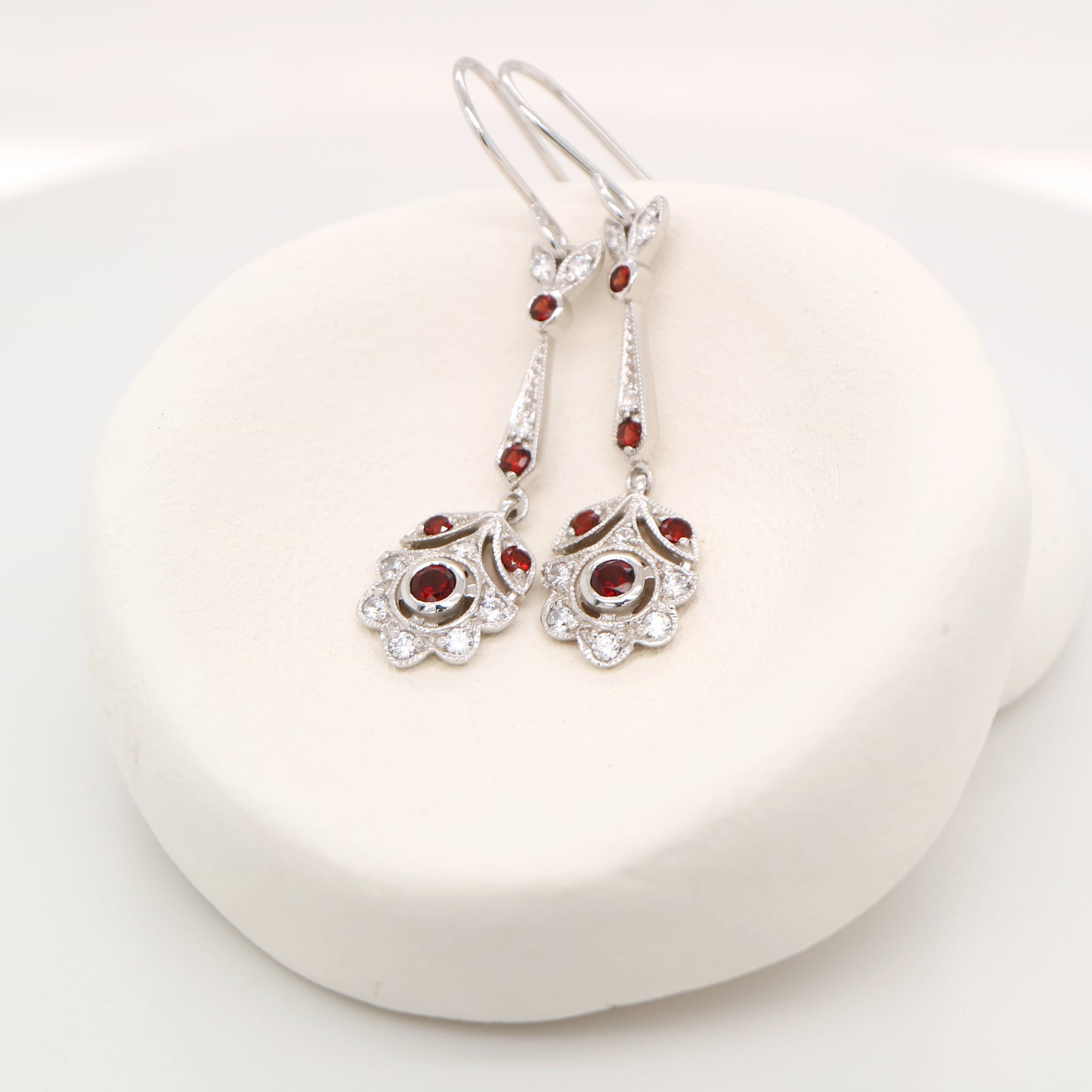 Floral drop earrings with laboratory grown ruby and cz in sterling silver