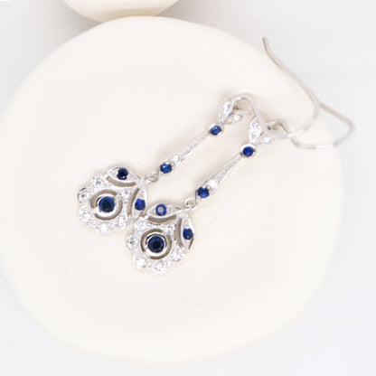 Floral drop earrings with laboratory grown blue sapphire and cz in sterling silver
