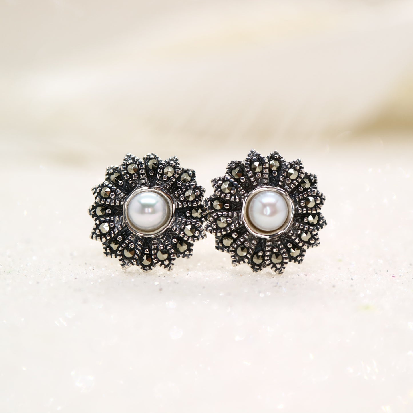 Vintage flower stud earrings with pearl, marcasite and sterling silver
