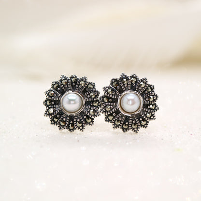 Vintage flower stud earrings with pearl, marcasite and sterling silver
