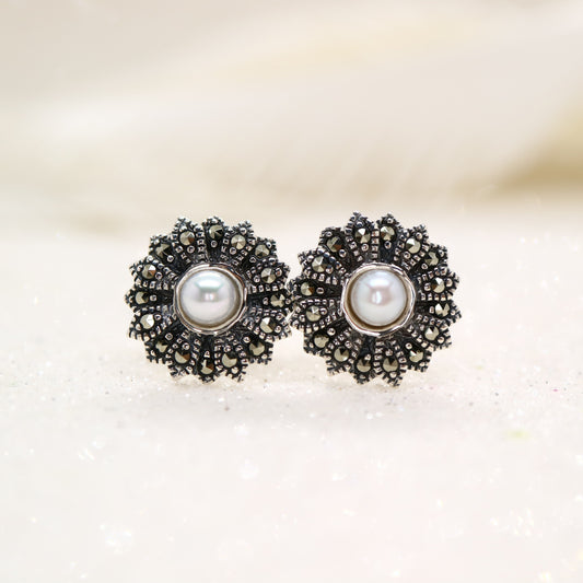 Vintage flower stud earrings with pearl, marcasite and sterling silver