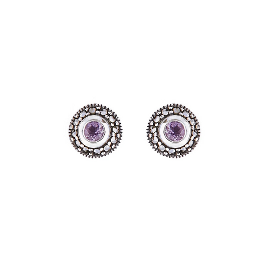 Art deco stud earrings with amethyst and marcasite in sterling silver