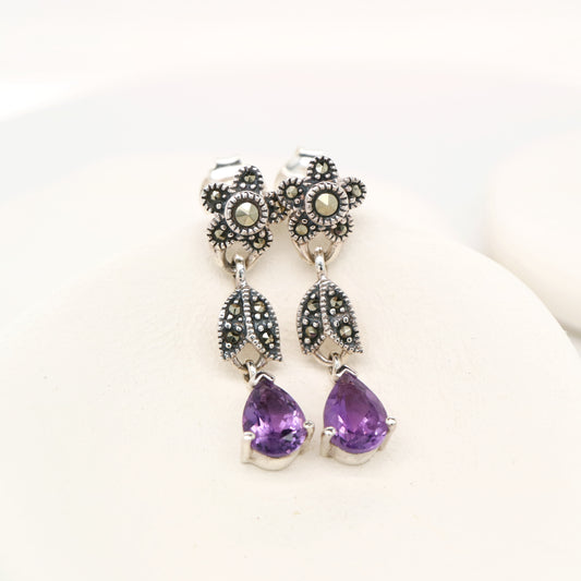 Marcasite flower earrings with amethyst drop in silver