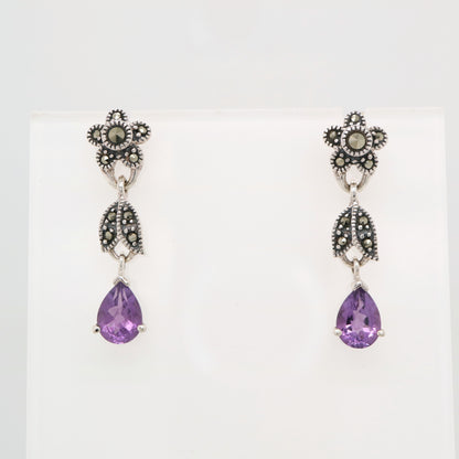 Marcasite flower earrings with amethyst drop in silver