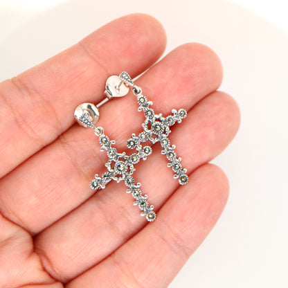 Marcasite cross earrings with marcasite in sterling silver
