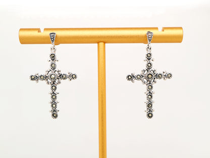 Marcasite cross earrings with marcasite in sterling silver