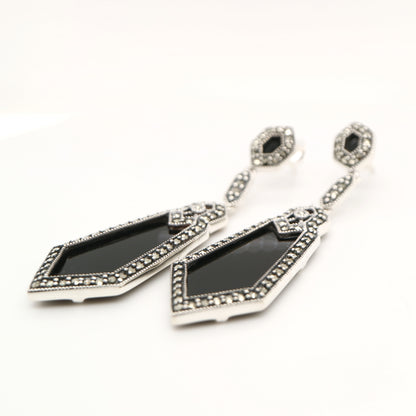Art deco drop earrings in onyx paired with marcasite and sterling silver