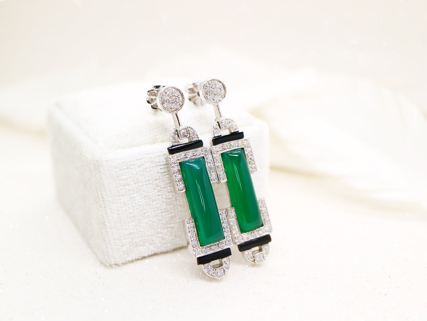 Art deco barrel drop earrings with green agate and onyx, sterling silver and cubic zirconia