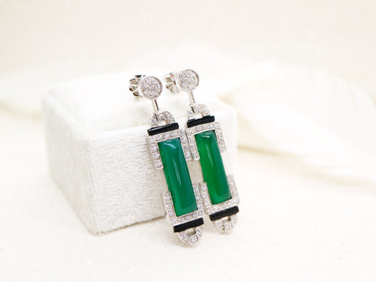 Art deco barrel drop earrings with green agate and onyx, sterling silver and cubic zirconia
