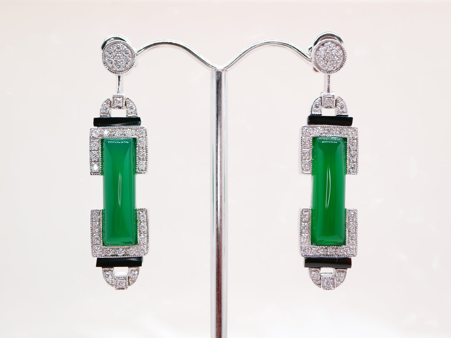 Art deco barrel drop earrings with green agate and onyx, sterling silver and cubic zirconia