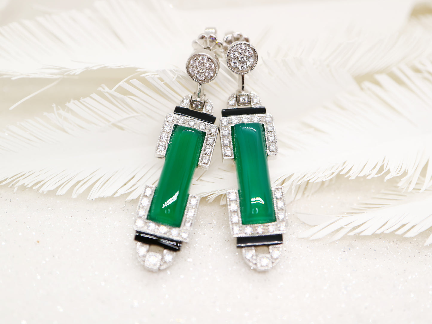 Art deco barrel drop earrings with green agate and onyx, sterling silver and cubic zirconia