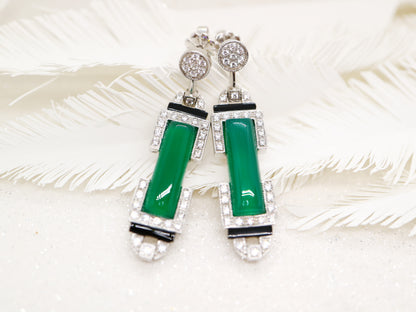 Art deco barrel drop earrings with green agate and onyx, sterling silver and cubic zirconia