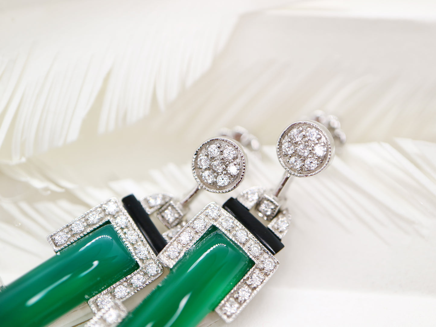 Art deco barrel drop earrings with green agate and onyx, sterling silver and cubic zirconia