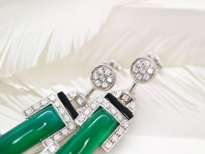 Art deco barrel drop earrings with green agate and onyx, sterling silver and cubic zirconia