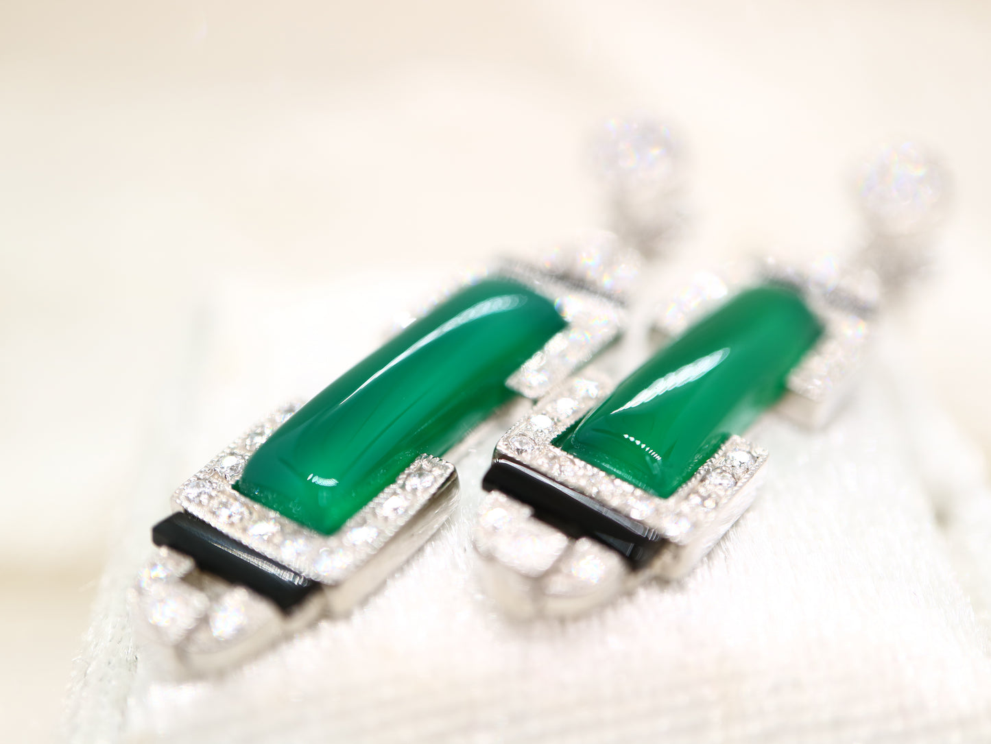 Art deco barrel drop earrings with green agate and onyx, sterling silver and cubic zirconia