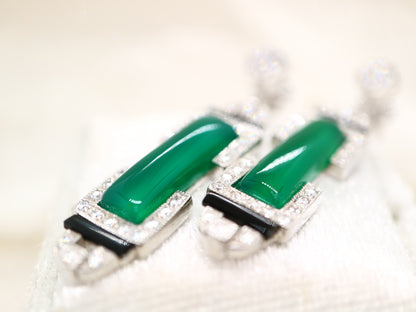 Art deco barrel drop earrings with green agate and onyx, sterling silver and cubic zirconia