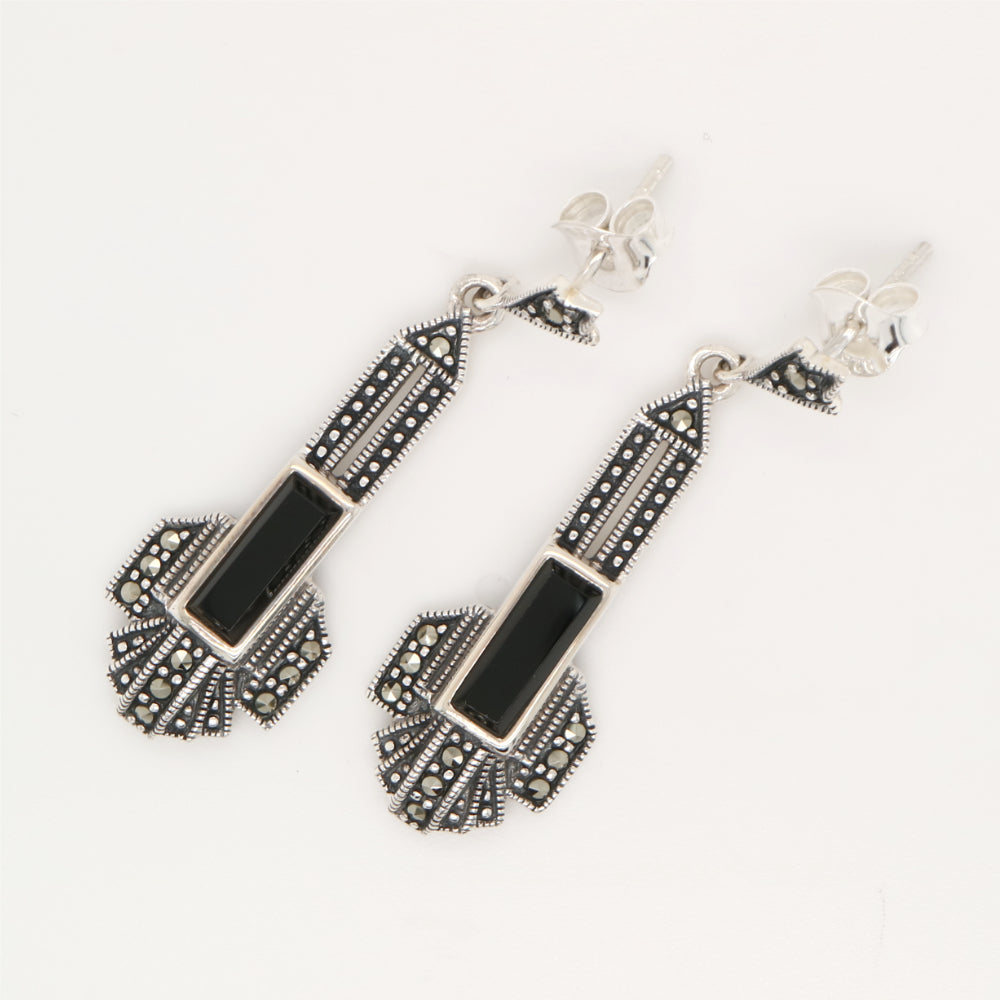 Art deco drop earrings in onyx and marcasite and sterling silver