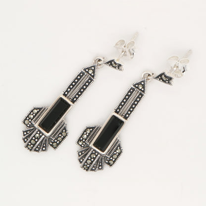 Art deco drop earrings in onyx and marcasite and sterling silver