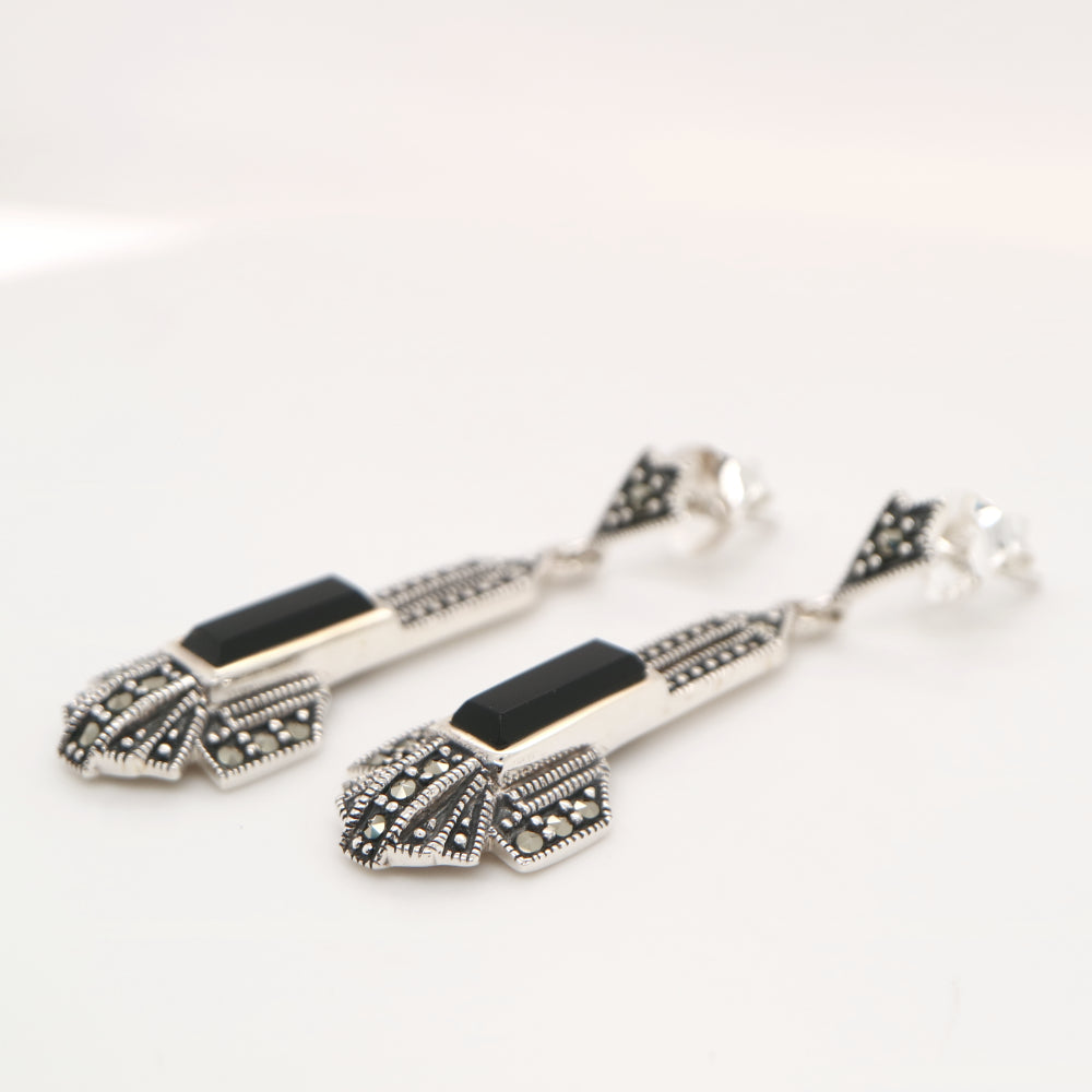 Art deco drop earrings in onyx and marcasite and sterling silver