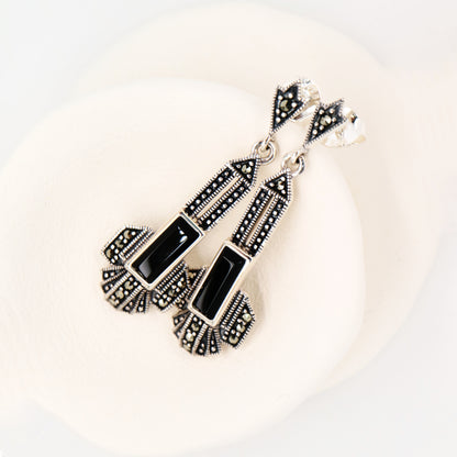 Art deco drop earrings in onyx and marcasite and sterling silver