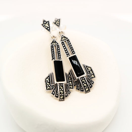 Art deco drop earrings in onyx and marcasite and sterling silver