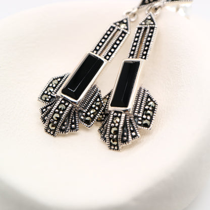 Art deco drop earrings in onyx and marcasite and sterling silver