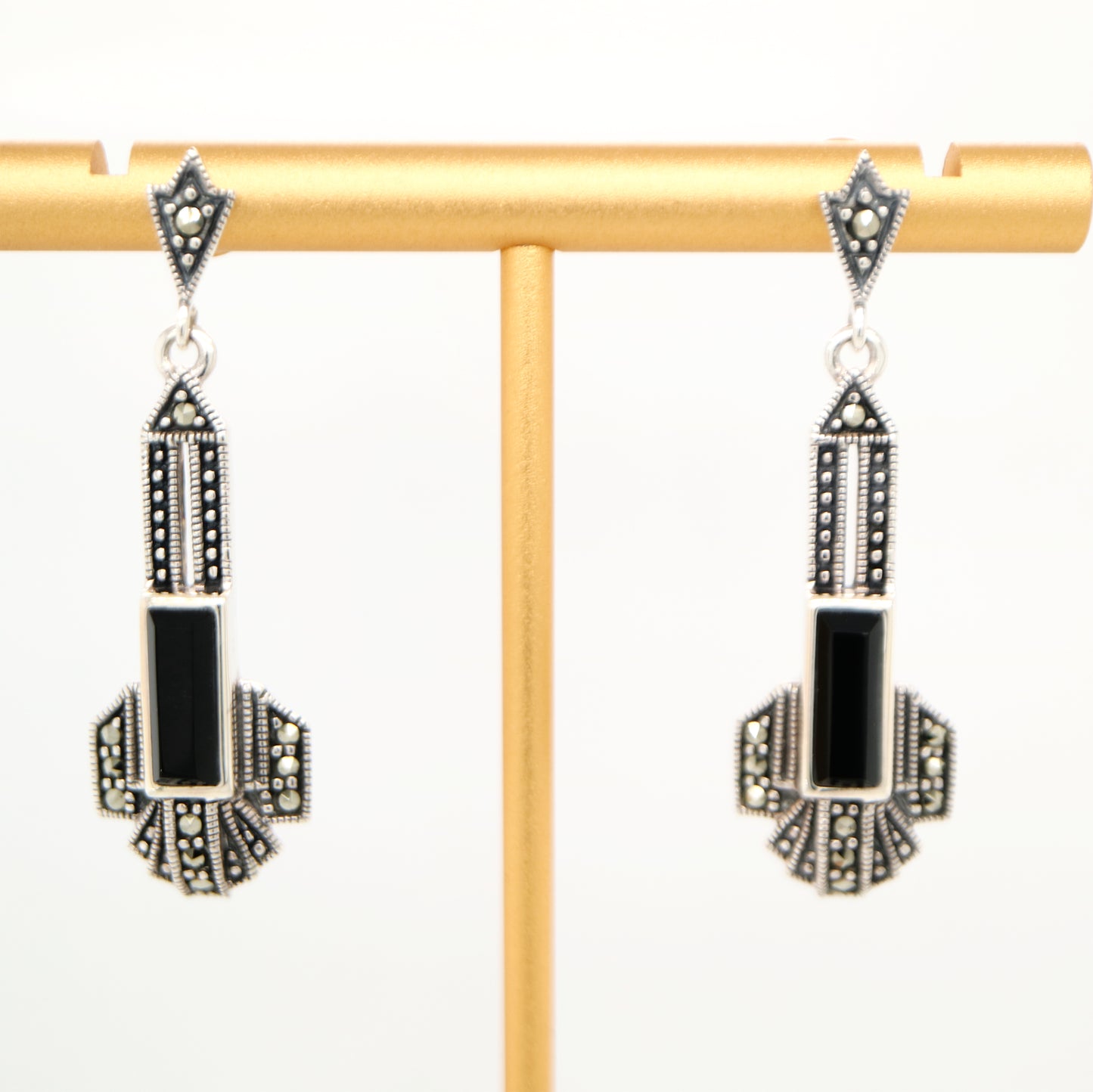 Art deco drop earrings in onyx and marcasite and sterling silver