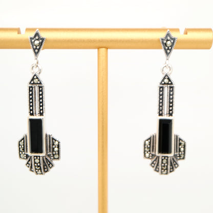 Art deco drop earrings in onyx and marcasite and sterling silver