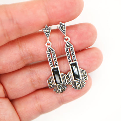 Art deco drop earrings in onyx and marcasite and sterling silver