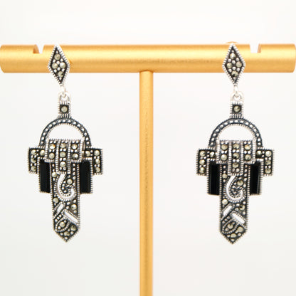 Art deco design earrings in onyx, marcasite and sterling silver