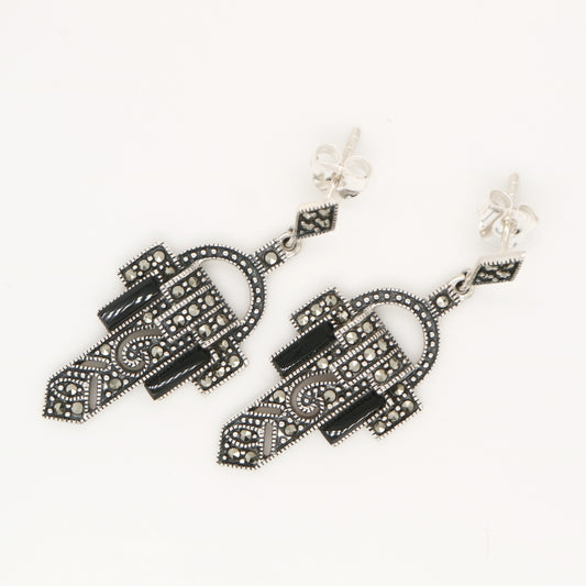 Art deco design earrings in onyx, marcasite and sterling silver