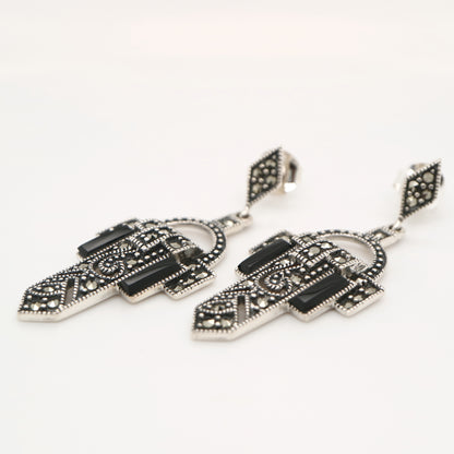 Art deco design earrings in onyx, marcasite and sterling silver