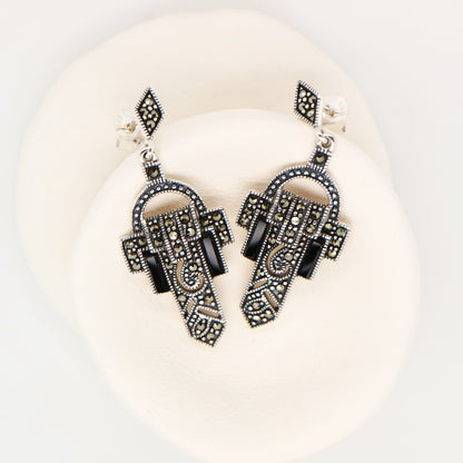 Art deco design earrings in onyx, marcasite and sterling silver