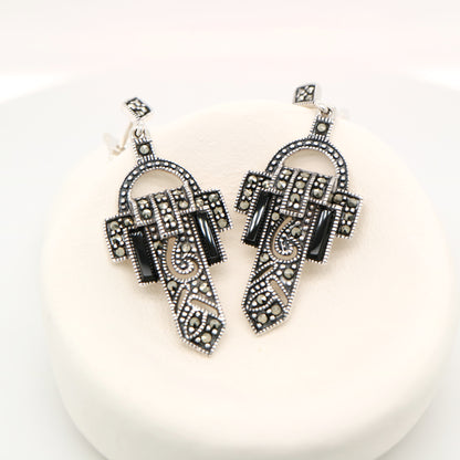 Art deco design earrings in onyx, marcasite and sterling silver