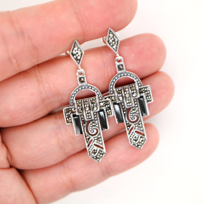 Art deco design earrings in onyx, marcasite and sterling silver