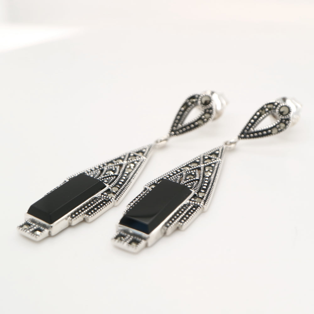 Art deco style drop earrings in black onyx, marcasite and sterling silver