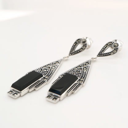Art deco style drop earrings in black onyx, marcasite and sterling silver
