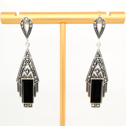Art deco style drop earrings in black onyx, marcasite and sterling silver