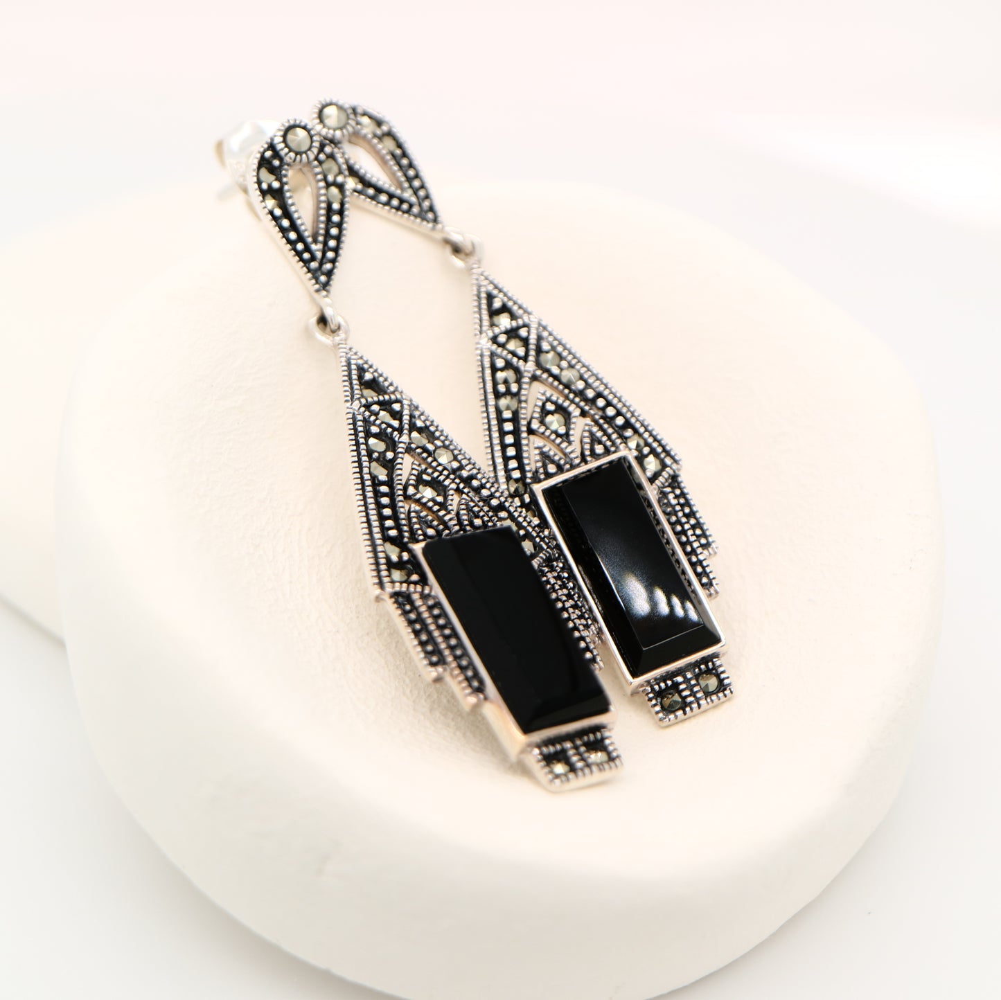 Art deco style drop earrings in black onyx, marcasite and sterling silver