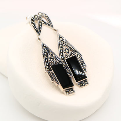 Art deco style drop earrings in black onyx, marcasite and sterling silver