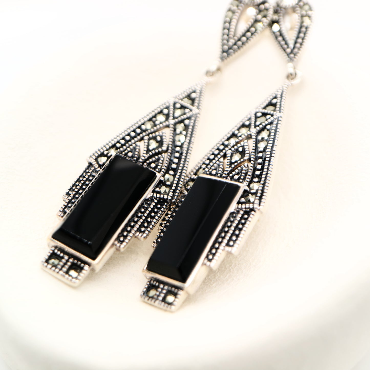 Art deco style drop earrings in black onyx, marcasite and sterling silver